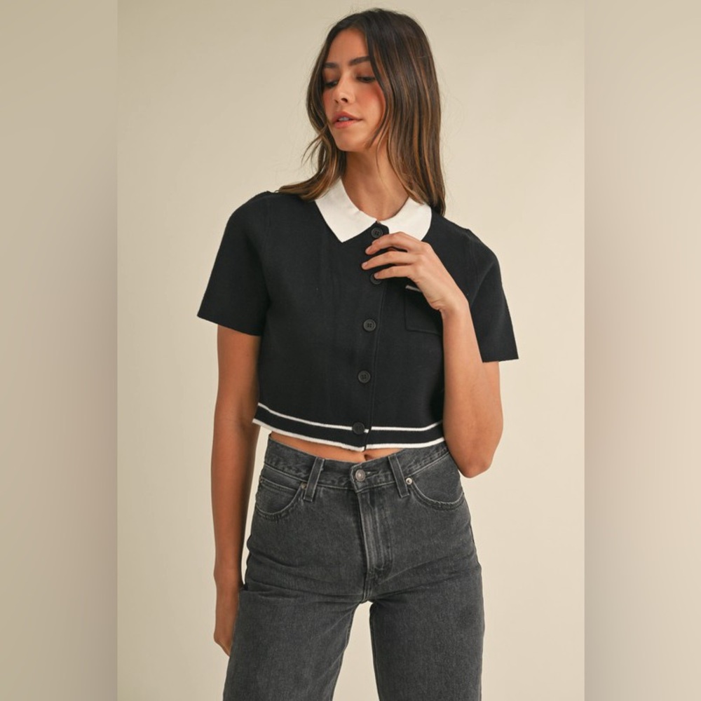 MABLE Button Down Contrast Collared Knit Cardigan - Picture 2 of 5